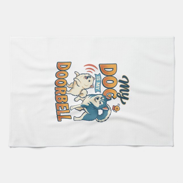 Linge De Cuisine Chien Est Sonnette Aboie Blanc Bleu_1 (Horizontal)