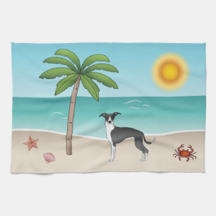 Linge De Cuisine Chien Iggy Noir Et Blanc à la Plage Tropicale d'Ét