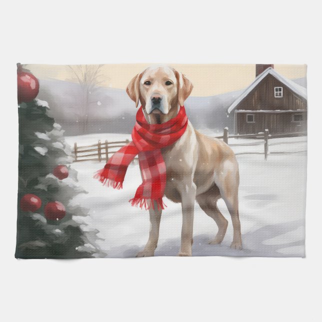 Linge De Cuisine Chien Labrador dans la neige de Noël (Horizontal)