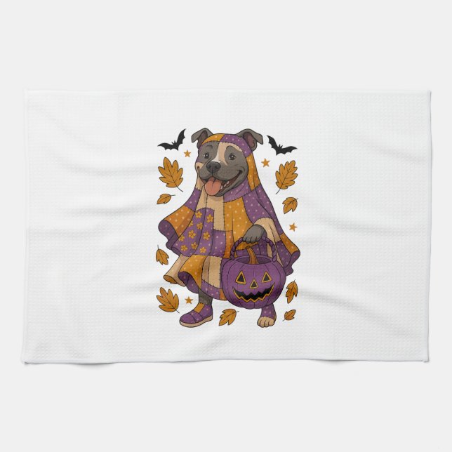 Linge De Cuisine Chien Pitpull Fantôme Halloween (Horizontal)