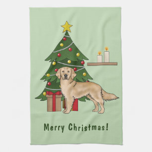 Linge De Cuisine Chien Retriever Golden Jaune Avec Arbre de Noël