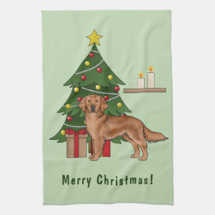 Linge De Cuisine Chien Retriever Golden Rouge Avec Sapin de Noël