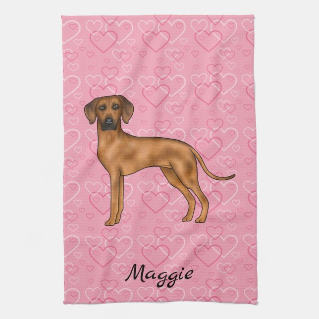 Linge De Cuisine Chien Rhodesian Ridgeback sur des cœurs roses avec (Vertical)
