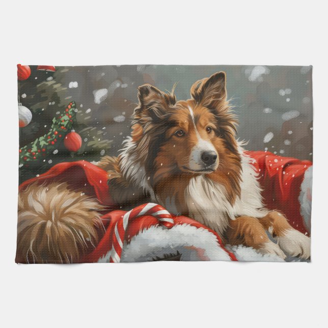 Linge De Cuisine Chien Rough Collie Noël Festif (Horizontal)