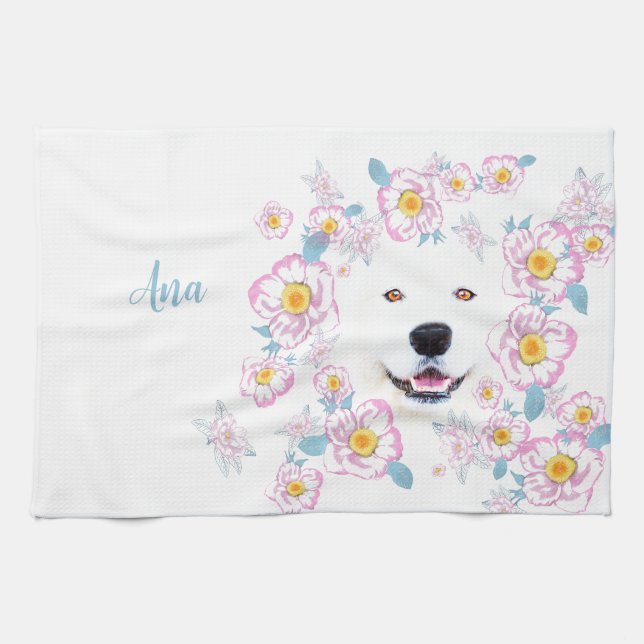 Linge De Cuisine Chien Samoyed et fleurs roses, nom customisé (Horizontal)