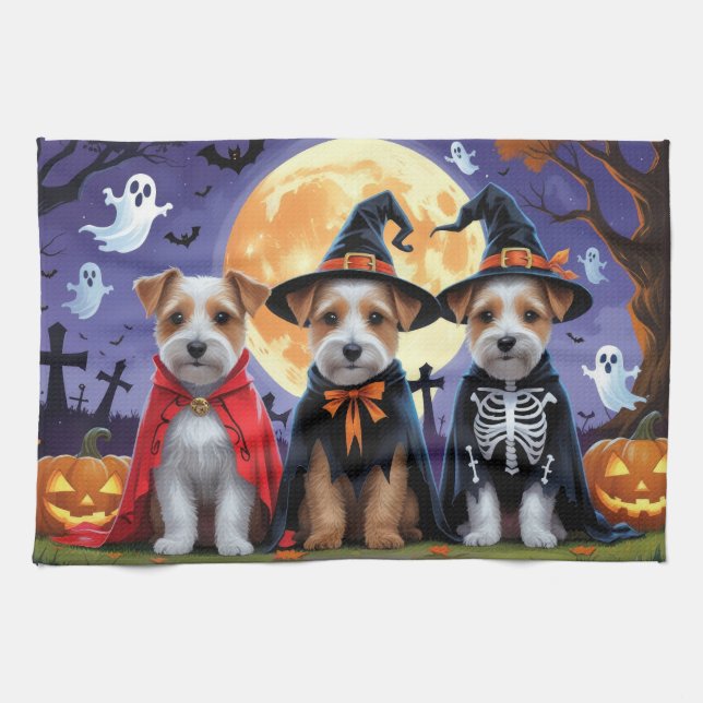 Linge De Cuisine Chiens Biewer Terrier Citrouille Drôle d'Halloween (Horizontal)