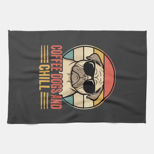 Linge De Cuisine Chiens de café et Pug Rétro Chill (Horizontal)