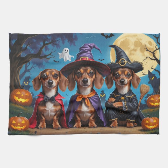 Linge De Cuisine Chiens de Dachshund Citrouille Halloween drôle (Horizontal)