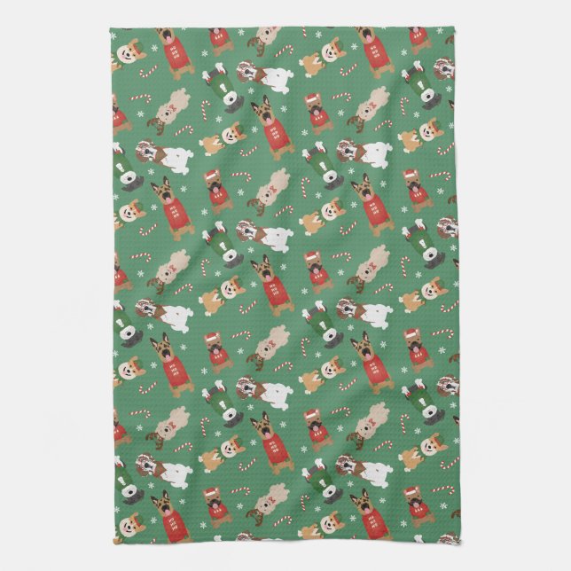 Linge De Cuisine Chiens de Noël Motif Rouge Vert (Vertical)