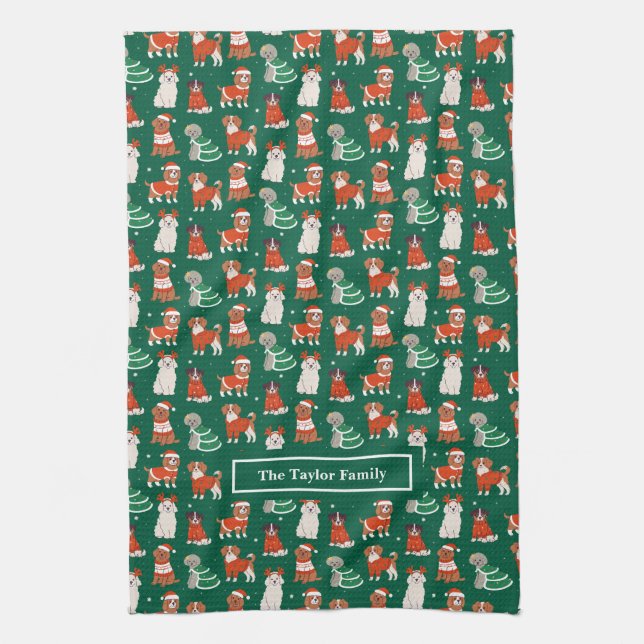 Linge De Cuisine Chiens de Noël verts personnalisés (Vertical)