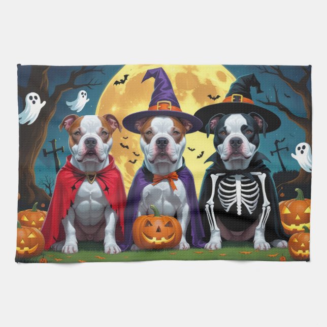 Linge De Cuisine Chiens de Pitbull Citrouille Halloween drôle (Horizontal)