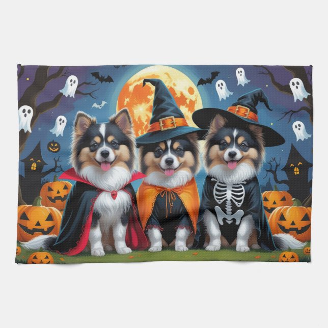 Linge De Cuisine Chiens Keeshond Citrouille Halloween Drôle (Horizontal)
