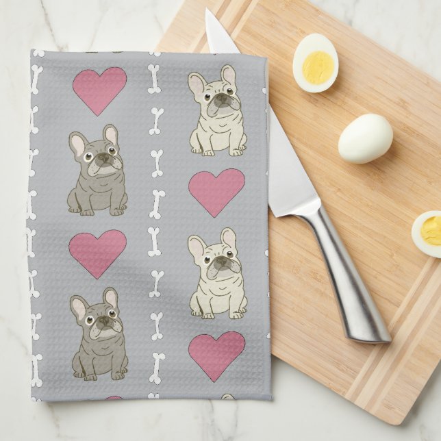Linge De Cuisine Chiens mignons, Frenchie, cœurs et os (Quart Plié)