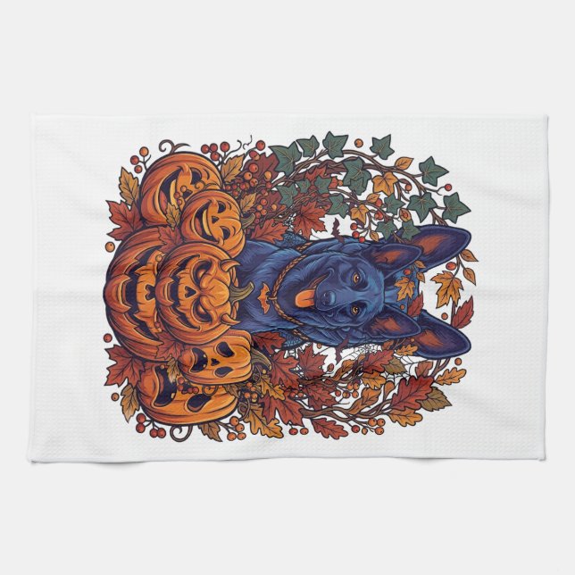 Linge De Cuisine Chiens Pitbull Bleus Citrouilles Halloween Feuille (Horizontal)