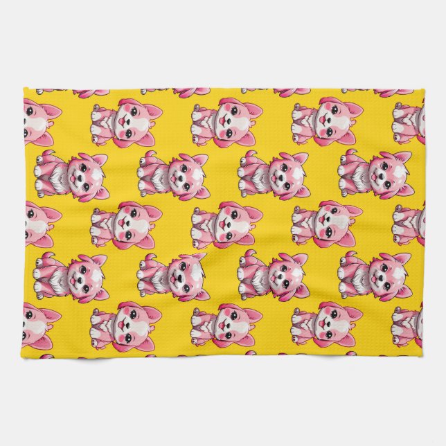 Linge De Cuisine Chiens roses mignons - Jaune  (Horizontal)