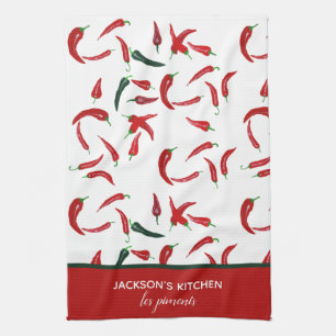 Linge De Cuisine Chilli rouge et vert personnalisé à l'aquarelle fr