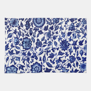 Linge De Cuisine Chinois bleu marine foncé motif floral sur blanc