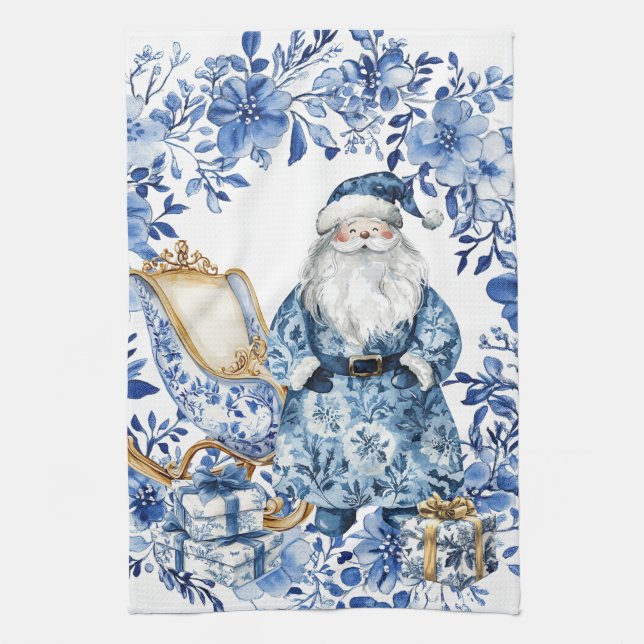 Linge De Cuisine Chinoiserie Blue White Floral Christmas Santa (Vertical)