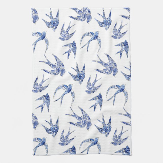 Linge De Cuisine Chinoiserie Chic Bird Swallows Blue n White Mosaic (Vertical)