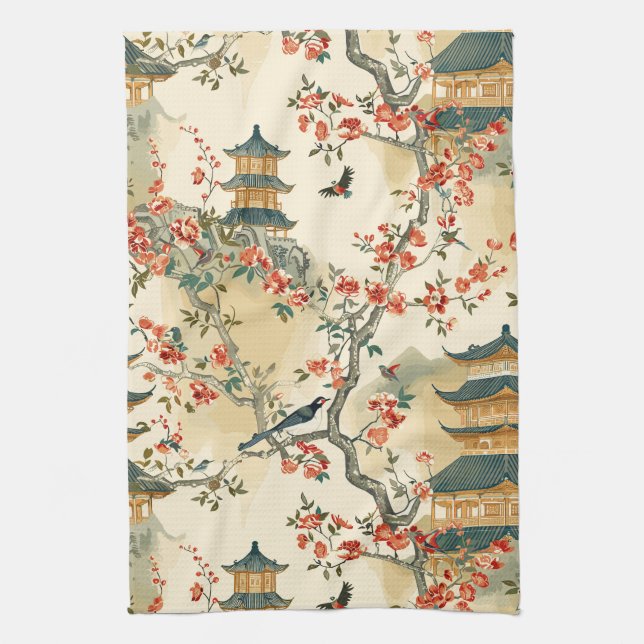 Linge De Cuisine Chinoiserie Élégante - Pagodes, Fleurs et Oiseaux (Vertical)