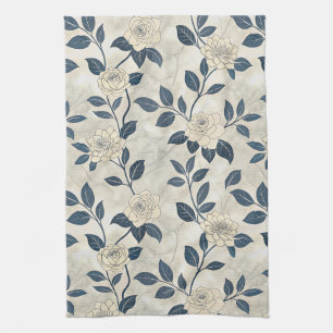 Linge De Cuisine Chinoiserie Moderne Rose Ivoire Navy Botanique