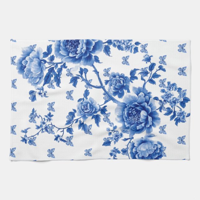 Linge De Cuisine Chinoiserie papillon roses bleu blanc  (Horizontal)