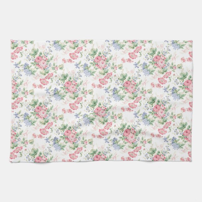 Linge De Cuisine Chintz Rose rose et fleur bleue (Horizontal)
