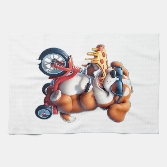 Linge De Cuisine chiot à vélo mangeant une pizza (Horizontal)