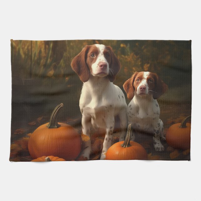 Linge De Cuisine Chiot Brittany Spaniel Délice d'Automne Citrouille (Horizontal)
