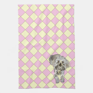 Linge De Cuisine Chiot de Maltipoo sur le motif vérifié par rose