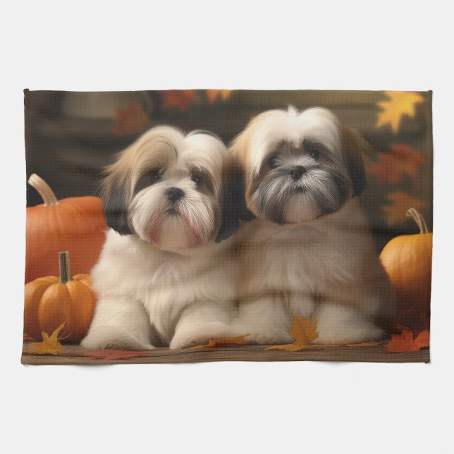 Linge De Cuisine Chiot Lhasa Apso Délice d'Automne Citrouille  (Horizontal)