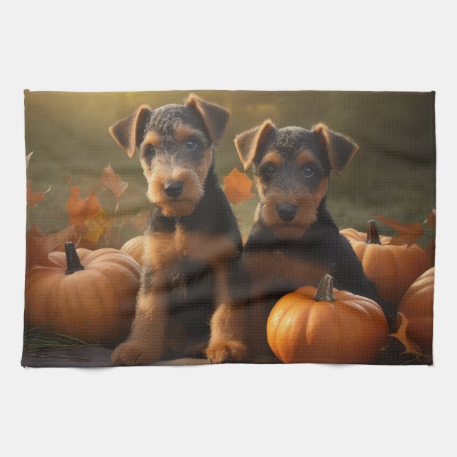 Linge De Cuisine Chiots Airedale Délice d'Automne Citrouille (Horizontal)