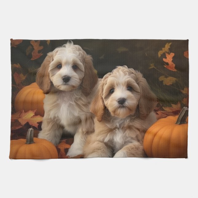 Linge De Cuisine Chiots Cockapoo Délice d'Automne Citrouille  (Horizontal)