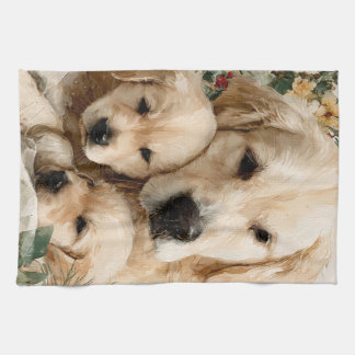 Linge De Cuisine Chiots de la famille Golden Retriever Noël Vintage