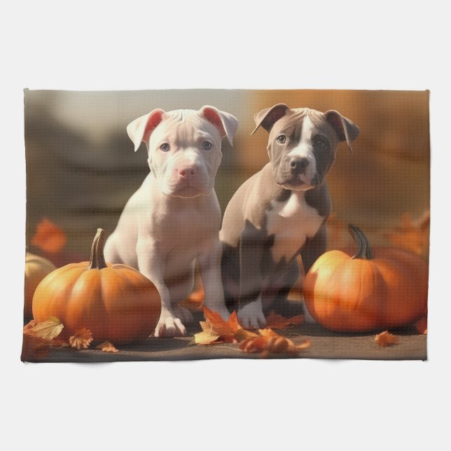 Linge De Cuisine Chiots Pitbull Délice d'Automne Citrouille (Horizontal)