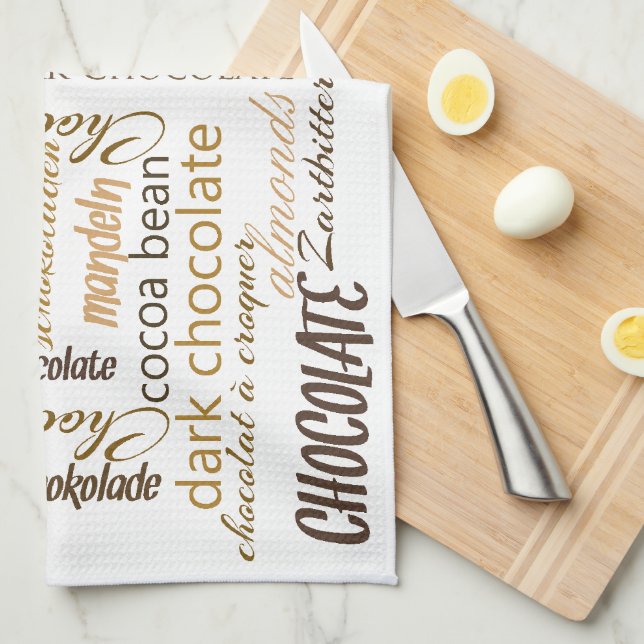 Linge De Cuisine Chocolat, amandes et texte en chocolat noir (Quart Plié)