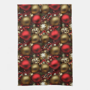 Linge De Cuisine Chocolat Brown et ornements de Noël rouge rubis