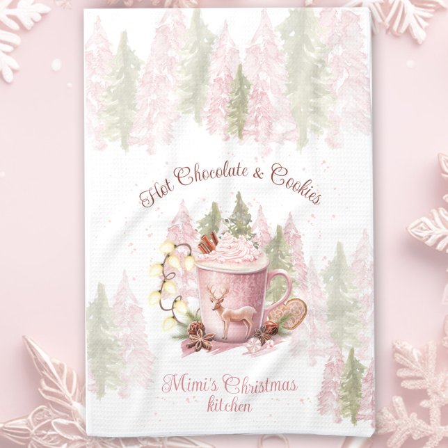 Linge De Cuisine Chocolat chaud et biscuits Nom Noël rose (Hot Chocolate & Cookies Name Pink Christmas Kitchen Towel)