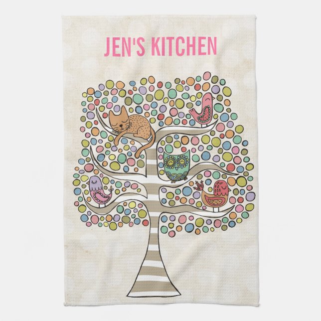 Linge De Cuisine Chouette chatte et oiseaux dans un arbre Illustrat (Vertical)