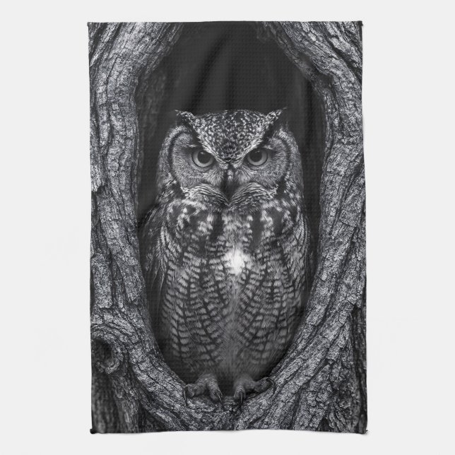 Linge De Cuisine Chouette dans un arbre noir et blanc (Vertical)
