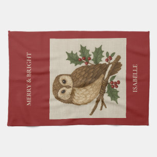 Linge De Cuisine Chouette de Noël brodée rustique avec Holly