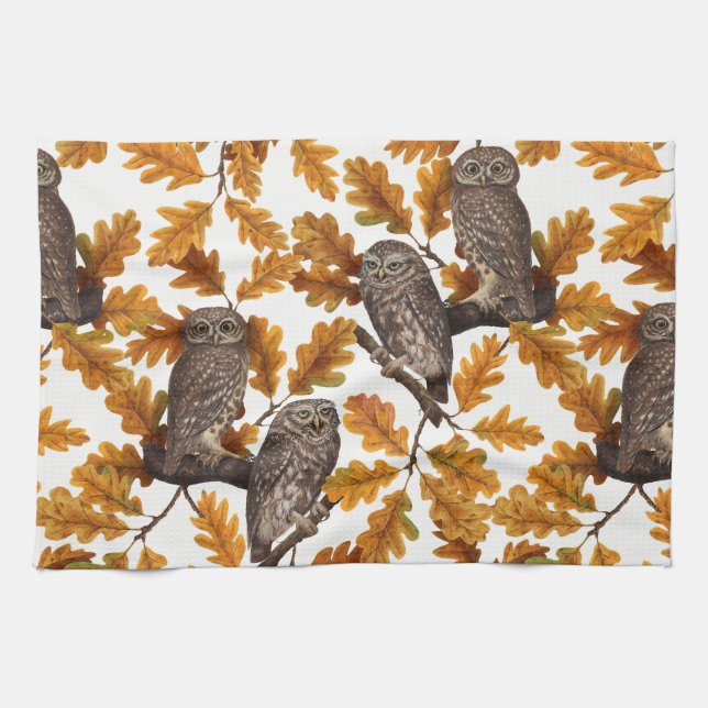 Linge De Cuisine Chouettes d'automne sur coton blanc (Horizontal)