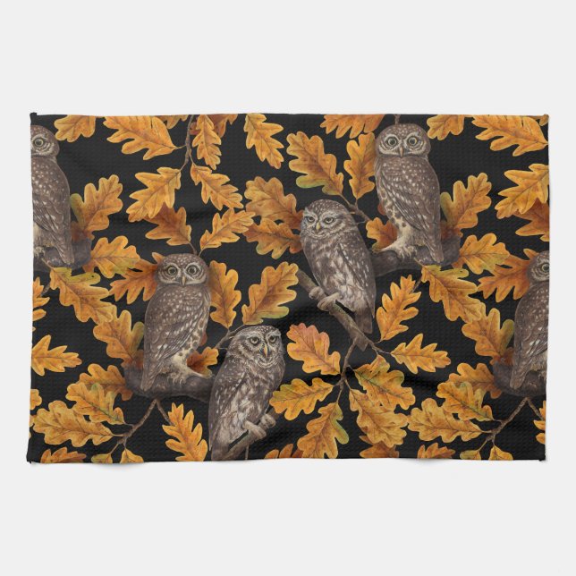 Linge De Cuisine Chouettes d'automne sur noir (Horizontal)