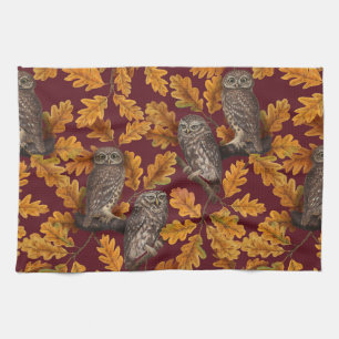 Linge De Cuisine Chouettes d'automne sur rouge foncé