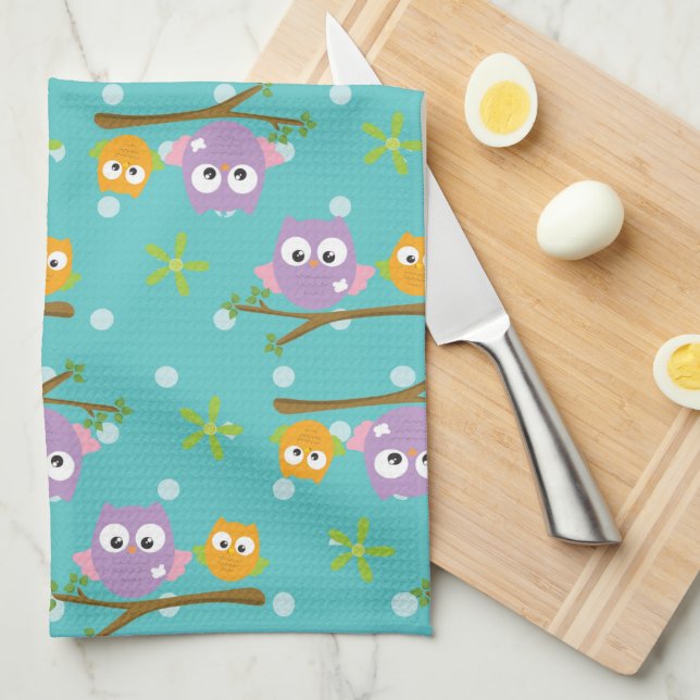 Linge De Cuisine Chouettes de style dessin adorable sur l'impressio (Quart Plié)