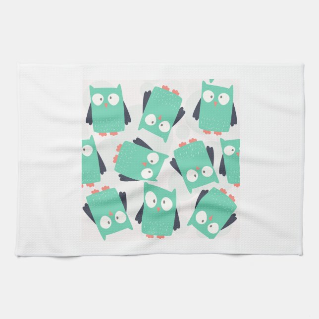 Linge De Cuisine Chouettes lunaires turquoises (Horizontal)