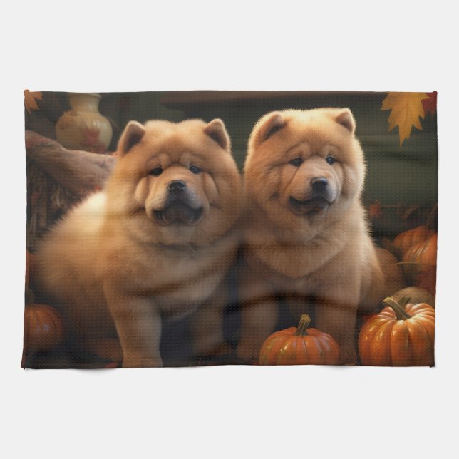 Linge De Cuisine Chow Chow Chiot Automne Citrouille de plaisir (Horizontal)