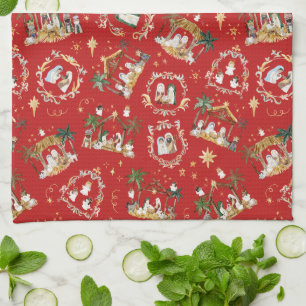 Linge De Cuisine Christian Christmas Watercolor Nativité Rouge