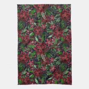 Linge De Cuisine Christmas Burgundy Poinsettia Flowers Watercolor