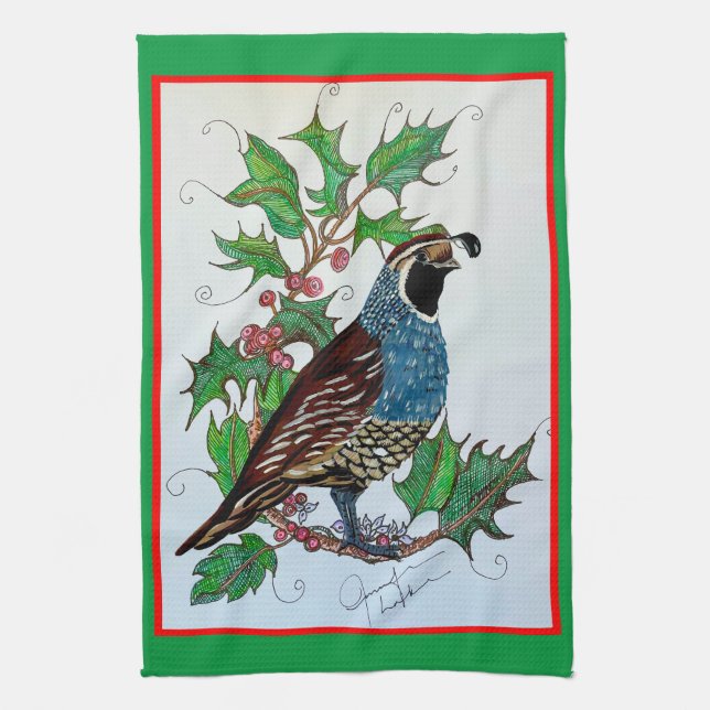 Linge De Cuisine Christmas Quail Holly (Vertical)